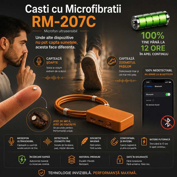 RM-207C - Casca de copiat Microvibratii | Casti de copiat tip Magnet | Super Slim | Autonomie 12h