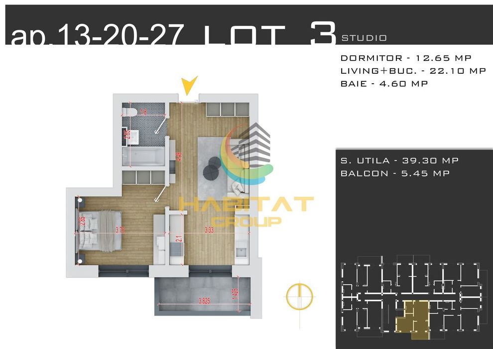 Pallady 2 camere tip studio 45 mp 15 min.metrou N.Teclu