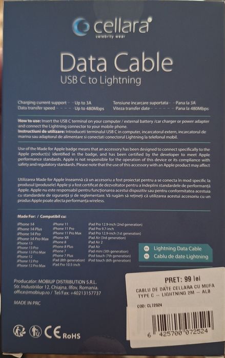 Cablu Cellara iPhone ,iPad,iPod tip C ,lungime 2m