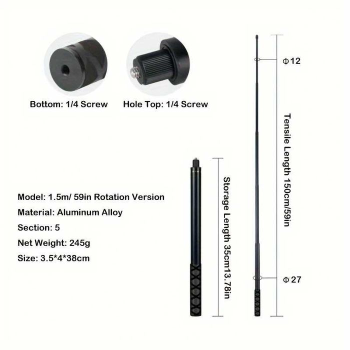 Invisible Selfie Stick invizibil Insta360 X2 X3 X4 X5 GoPro Max - 1.5m