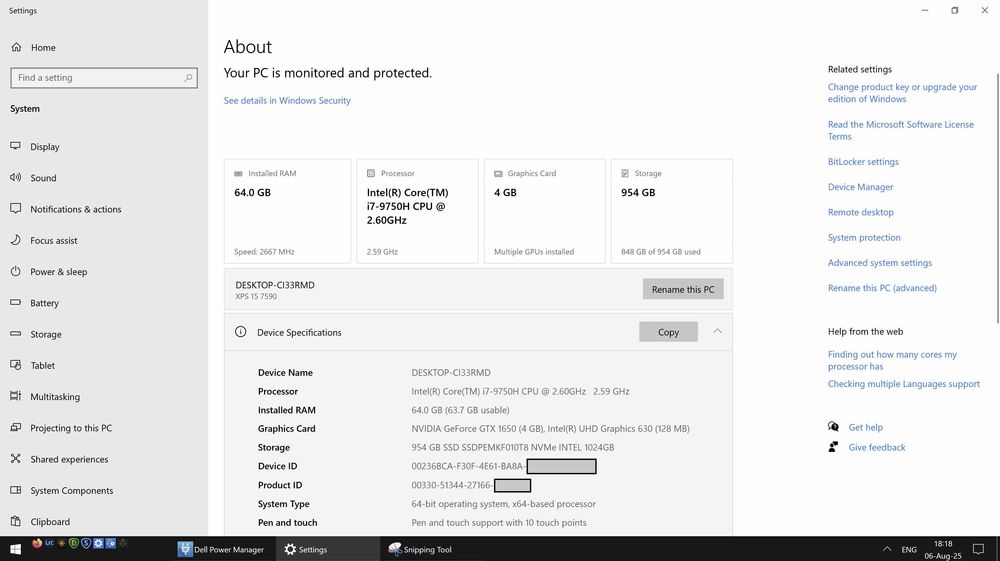 Laptop Dell XPS 15 9570    i7-9750H    4K Touch    64GB RAM    1TB SSD