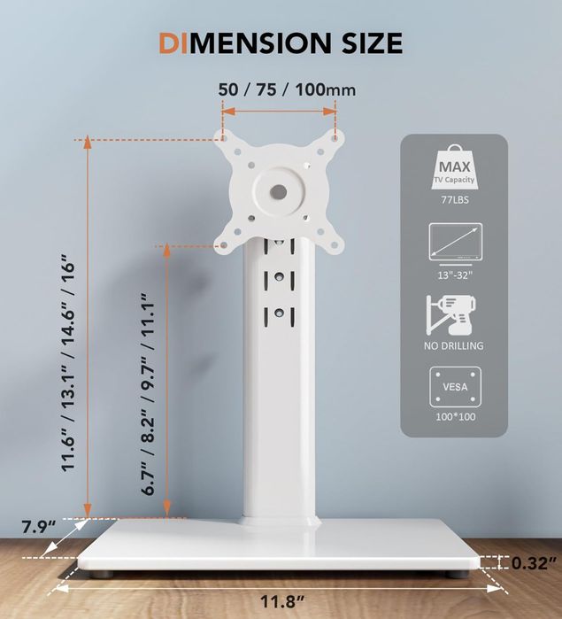 Suport monitor 13-32 inch (33-81 cm) cu baza din sticla temperata, alb