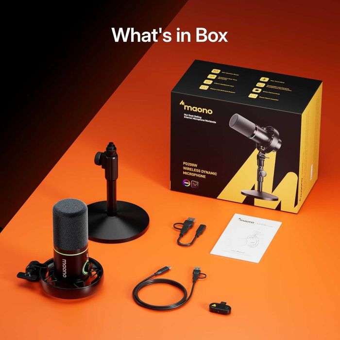 MAONO PD200W Хибриден динамичен безжичен подкаст микрофон със стойка