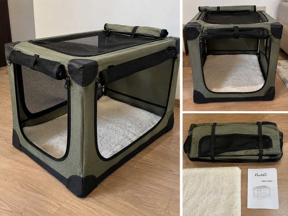 Cusca pliabila PawHut pentru caini/pisici 76x54x54 cm, verde, transport