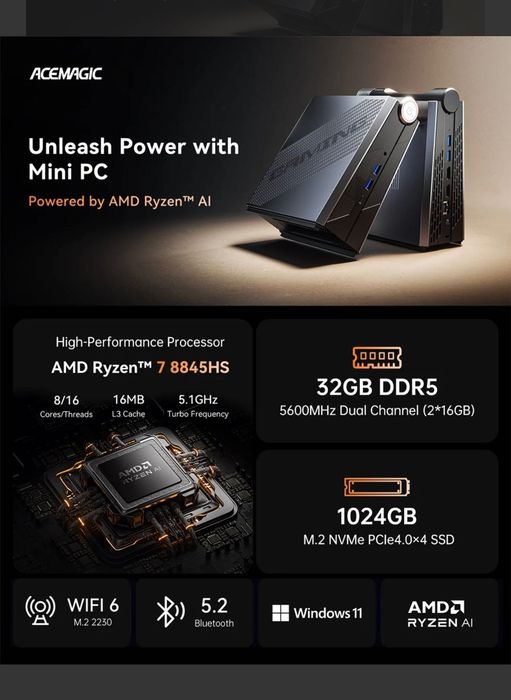 MiniPc cu chip pentru AI /Acemagic AM08 Pro/Ryzen 7 8845HS -5.1 Ghz/64GB/1Tb SSD