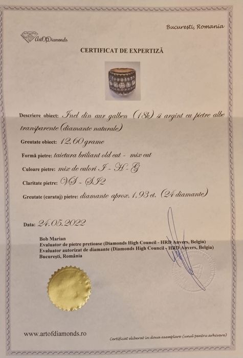 Vând inel din aur galben(18k) cu pietre din diamant