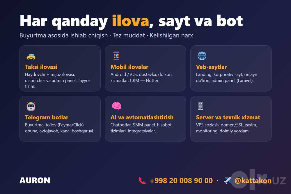 Taksi ilovasi, mobil ilovalar, saytlar va Telegram botlar yaratamiz
