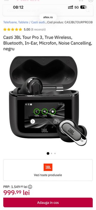 Casti JBL Tour Pro 3, True Wireless, Bluetooth, In-Ear, Microfon, Noise Cancelling, negru