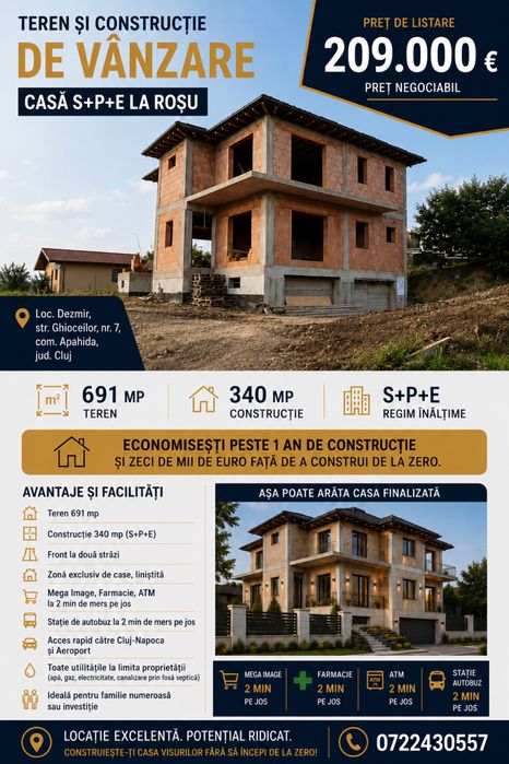 Casă S+P+E 340 mp | 691 mp teren | Dezmir | 2 min Mega Image | 209.000 €