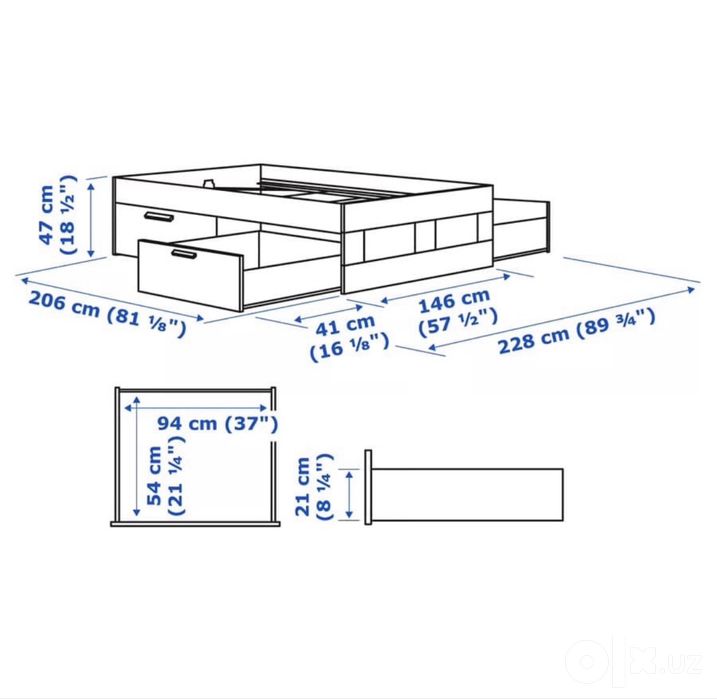 Кровать IKEA BRIMNES с 4-мя ящиками, 140*200см