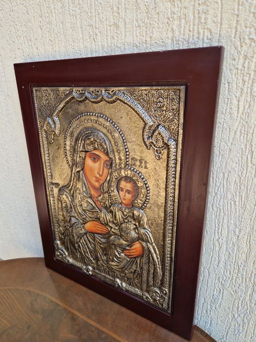 Чудесна голяма антикварна сребърна икона със сертификат