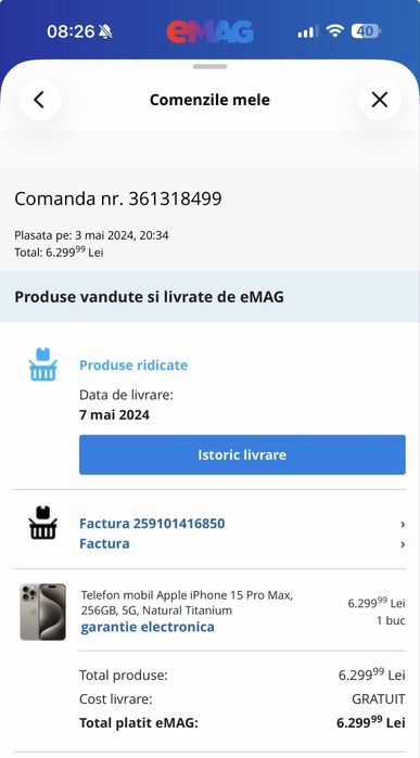 iPhone 15 Pro Max 256GB Natural Titanium, liber rețea, cutie, factură eMAG