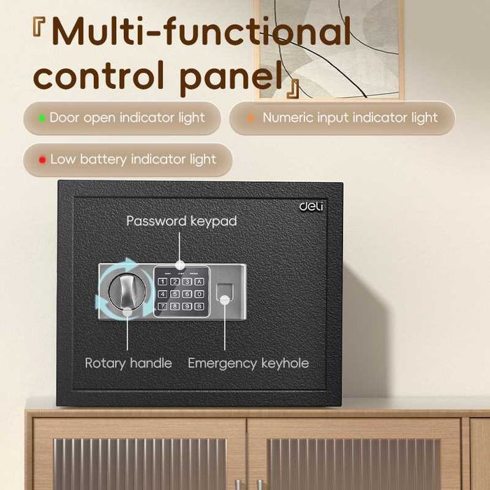 Сейф DELI ET523 электронный замок+ключ, черный, 300х380х300 мм, 9 кг