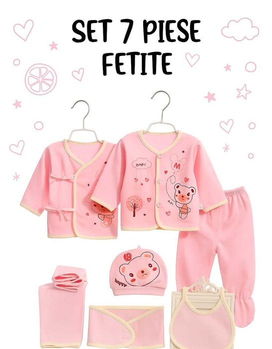 Haine nou-nascuți, 0-3 luni, set 7 piese cu ursulet, roz/galben