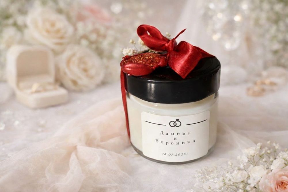 Ароматна соева свещ в бурканче, персонализирана, подарък за гости