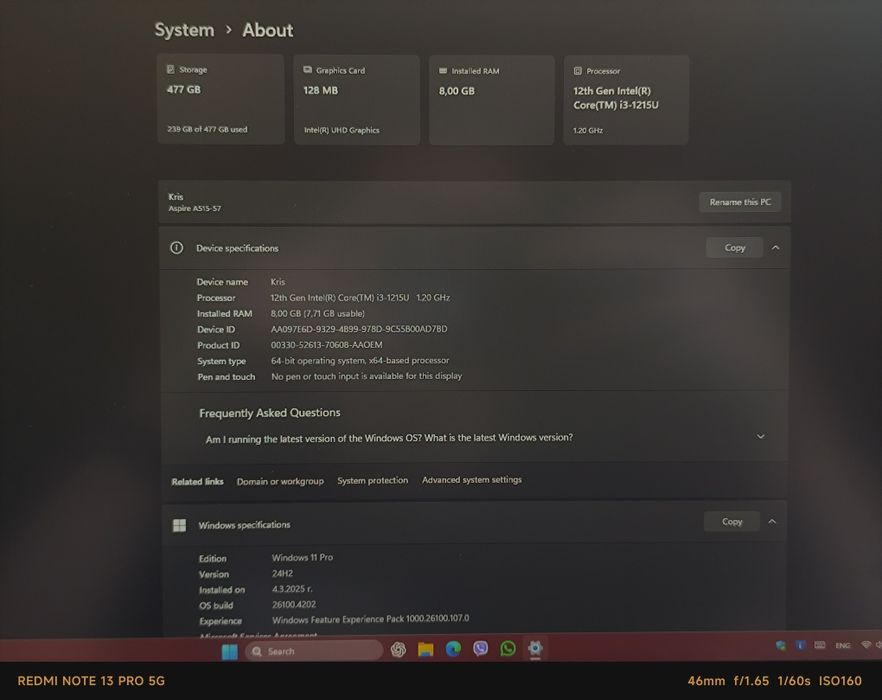 Acer Aspire 5 | i3‑1215U | 8GB RAM | SSD 512GB | Win 11 | Отличен Сив