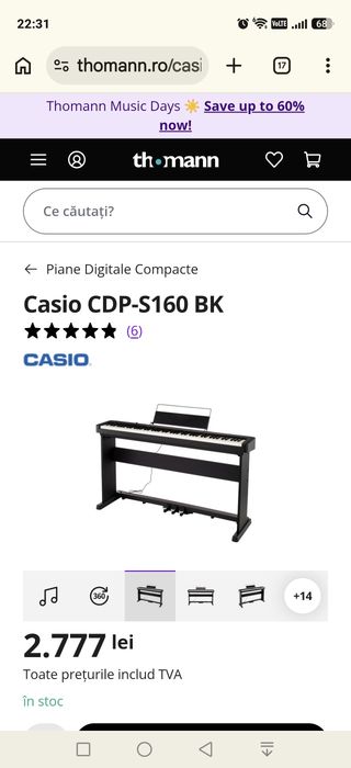 Vând pian digital Casio CDP-S160 Black Set - Pian Digital cu Stativ si Pedalier