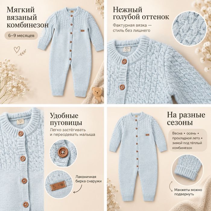 Вязаный комбинезон для малыша 6–9 месяцев — нежность, уют и стиль