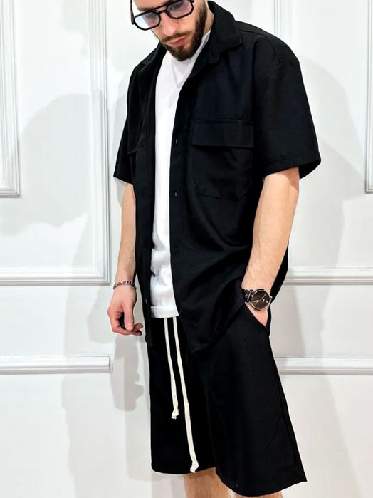 set pentru barbati compleu pantaloni scurti cu siret lung si camasa