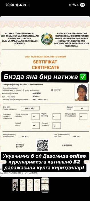Kafolatlangan kurslar 3 oydan 6 oygacha sertificatni qolga kritasiz