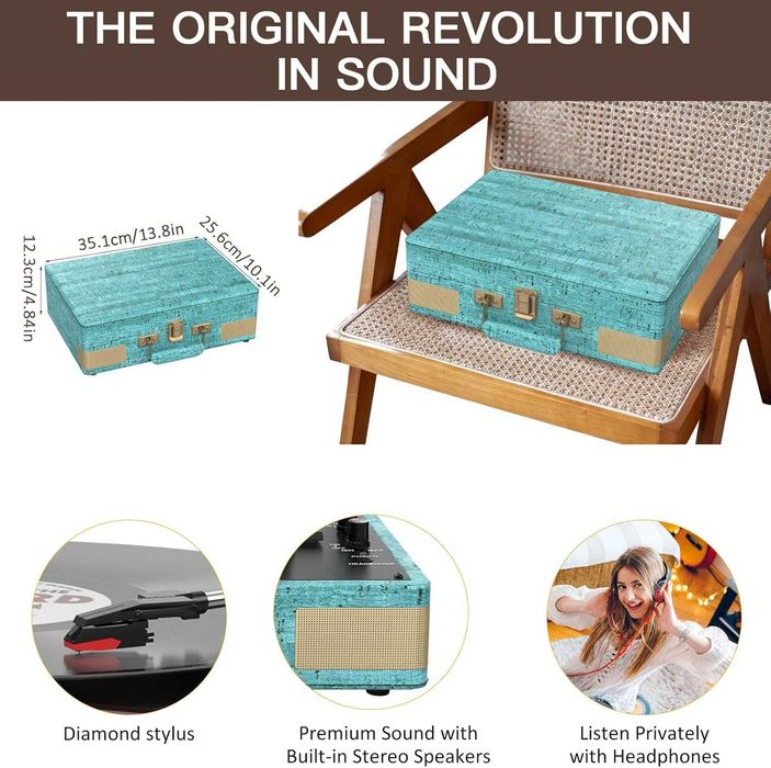 3-скоростен Bluetooth  винилов плейър, син с вградени високоговорители