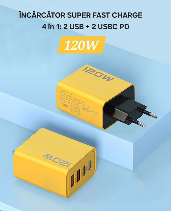 Încărcător 120W 4in1: 2Usb+2UsbC PD. Universal, multi dispozitiv. QC 3