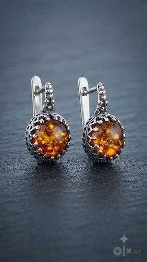 Серебряные сережки с натуральным камнем ЯНТАРЬ