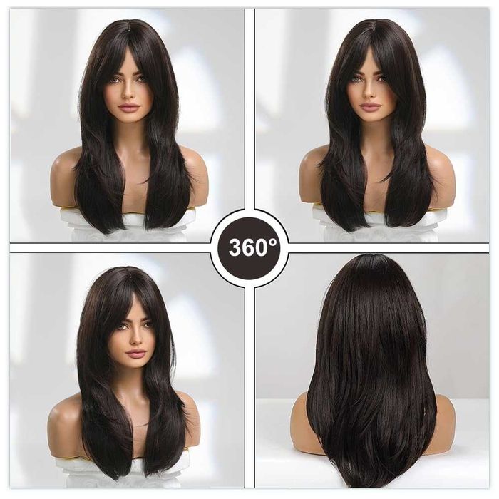 Синтетична тъмно кафява перука - 55 см с бретон и зиг-заг път