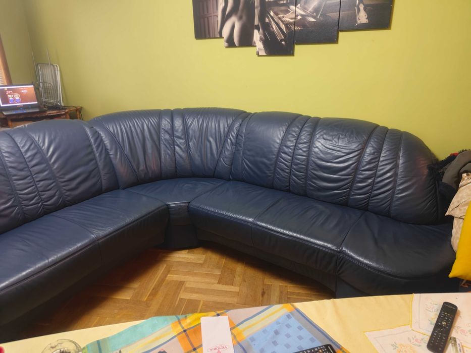 Холов ъглов диван естествена кожа с въртящ се фотьойл