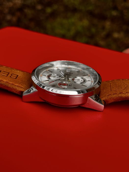 Мъжки часовник Benyar, хронограф, бял циферблат, кафява кожена каишка