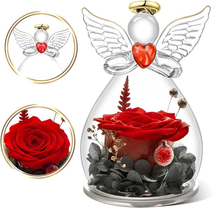 Trandafir criogenat, forma de ingeras, din sticla, ROSU - 12cm