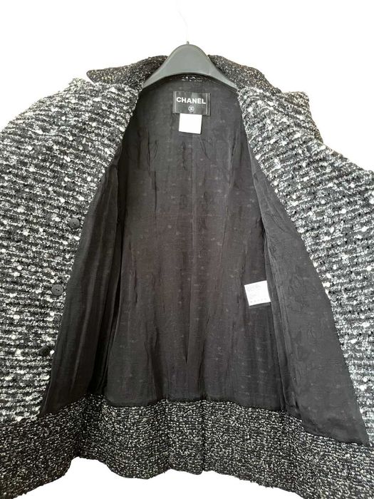 7k Chanel Black Gray Tweed CC Logo Buttons Jacket Coat Size 36-38