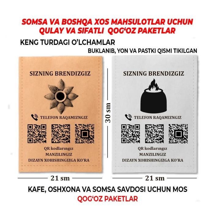 Somsa, perashka, kfs va boshqa mahsulotlar uchun qulay paketlar sifat