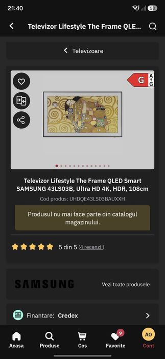 Vând Televizor Lifestyle The Frame QLED Smart SAMSUNG 43LS03B, Ultra HD 4K, HDR, 108cm