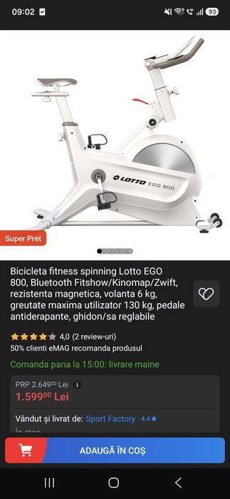 Bicicleta fitness spinning Lotto EGO 800, Bluetooth Fitshow/Kinomap/Zwift, rezistenta magnetica, volanta 6 kg, greutate maxima utilizator 130 kg