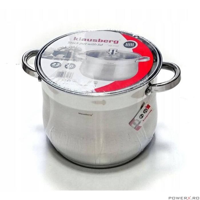 Oala din inox cu capac din sticla, 22cm,Fund termic multistrat, 7l