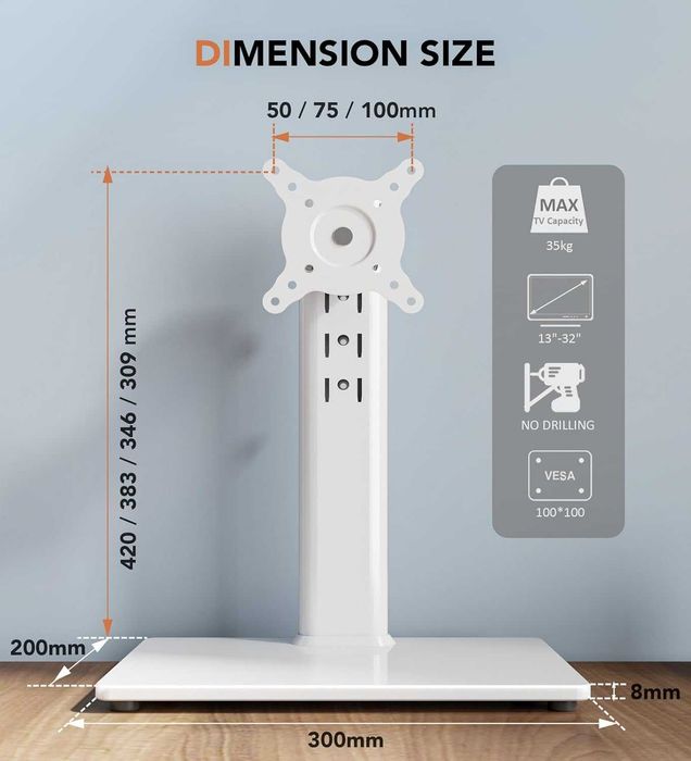 Suport monitor Hemudu, reglabil, pe stand sticla 13-32", alb