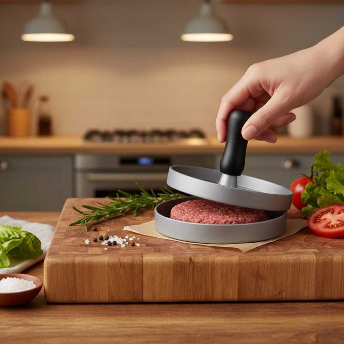 Presa hamburger aluminiu 11 x 8 cm forma burgeri cu maner ergonomic