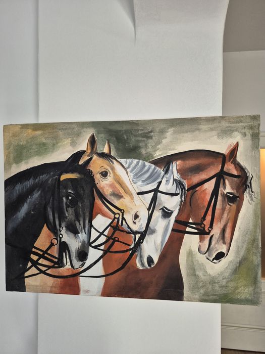 Стара маслена картина „Коне“ – автентично платно (61x42 см)
​Описание: