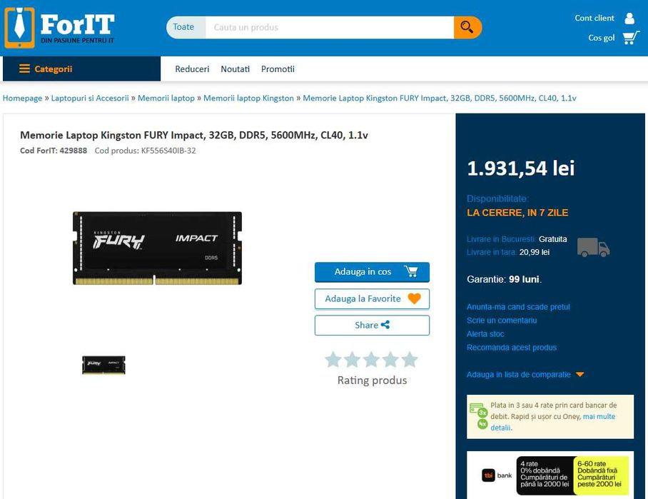 Placuta ram 32gb ddr5 5600mhz cl40 kingston fury