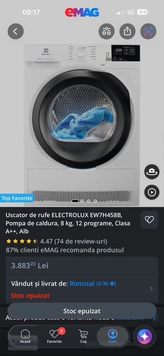 Uscator se rufe Electrolux  EW7H458B cu Pompa de caldura.