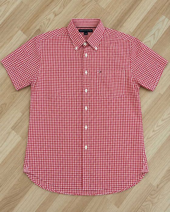 Cămașă Tommy Hilfiger bărbați, roșu-alb în carouri gingham, mânecă scurtă, bumbac, mărimea L
