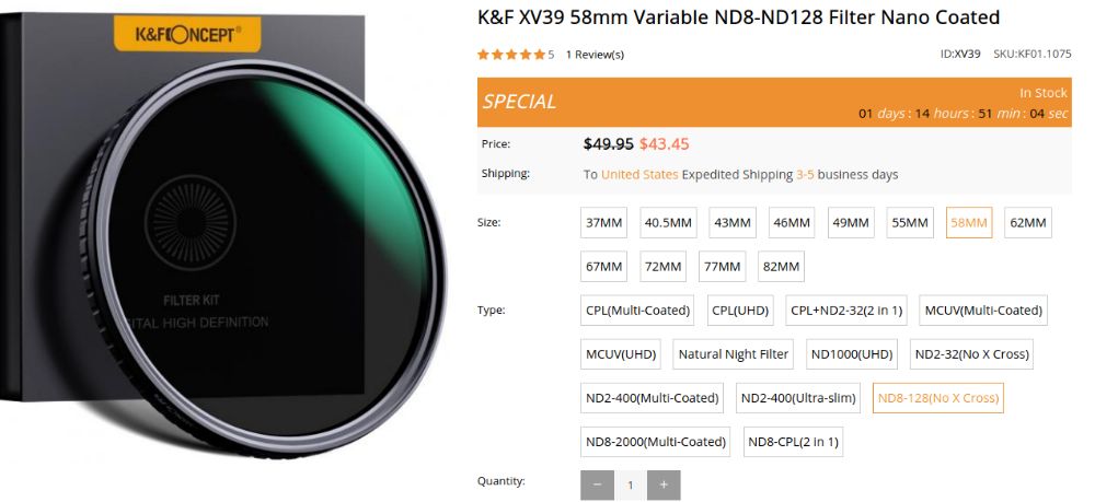 Filtre ND K&F 2, 4, 8