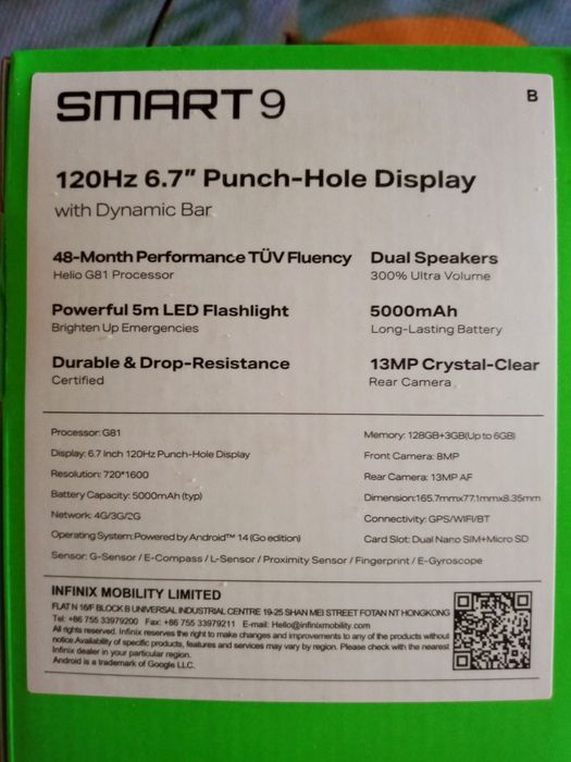 Infinix Smart 9 telefoni sotiladi. Garantiyasi bilan