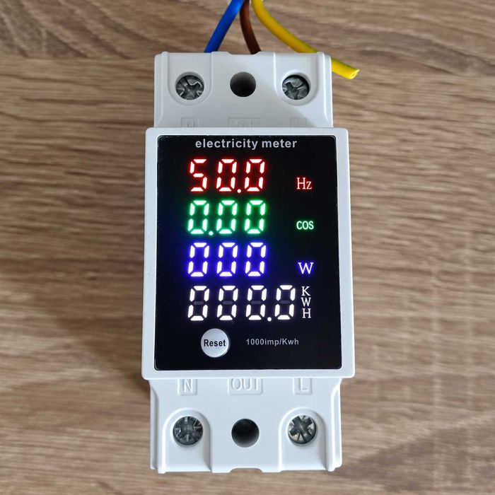 Монофазен електромер 100A DIN шина с цветен LED дисплей 6 в 1 | Волтметър, Амперметър, kWh метър