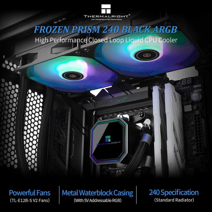 Cooler CPU lichid Thermalright Frozen Prism 240 ARGB Black ventilator PWM ARGB 120mm,Cold Row 240 Negru,AMD AM4 AM5,Intel LGA1700 1150 1151 1200 2011