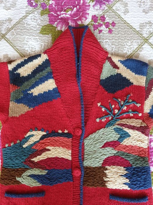 Cardigan lana traditional broderie rosu multicolor Dobrila