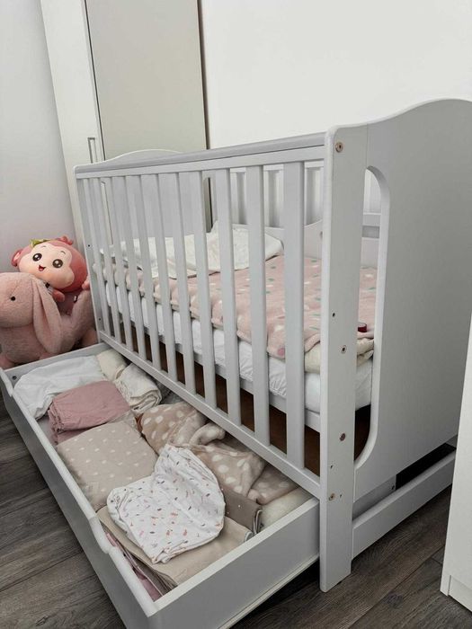 Pat copii cu sertar 120 x 60 cm + saltea + lenjerie completa