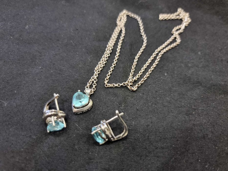 Сребърни бижута, комплект синджир, висулка и обеци,
