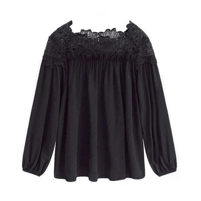 Дамска блуза с дантела, дълъг ръкав тип фенер